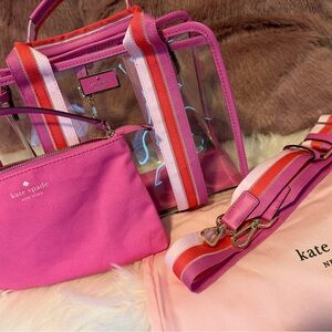 Kate Spade Pink Clear Tote with Striped Strap and Pouch